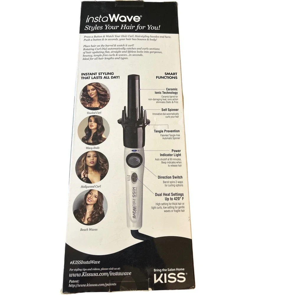 KISS InstaWave Deluxe Automatic Curler Ceramic Ionic Rotating Hair‎ Wand White